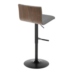 Mason Contemporary Adjustable Barstool with Swivel in Black Metal, Walnut Wood and Grey Faux Leather with Straight T Footrest by LumiSource - Set of 2