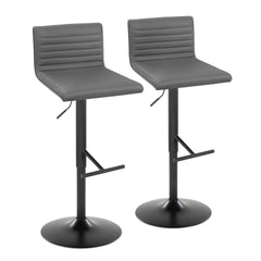 Mason Contemporary Adjustable Barstool with Swivel in Black Metal, Walnut Wood and Grey Faux Leather with Straight T Footrest by LumiSource - Set of 2