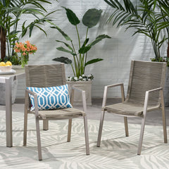 Outdoor Modern Aluminum Dining Chair with Rope Seat (Set of 2), Silver and Taupe