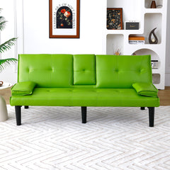 The 67-inch green PVC multi-functional sofa bed, with a foldable and cup holder design, makes it extremely convenient to turn the living room into a guest room