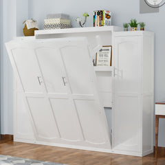 Queen Size Murphy Bed with 2 Wardrobe and Storage Shelf, Multifunctional Foldable Platform Bedframe for Guest-Room, Bedroom, White (Old SKU:N733S235627K)