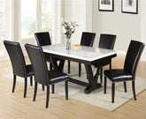 White Faux Marble & Black Finish Dining Table Set Black Faux Leather Upholstered Chairs Nailhead Trim Polyurethane Fabric 7pc Set