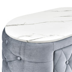 1pc Gray Nightstand Upholstery Fabric Marble Top Two Storage Drawers Wooden Bedroom Furniture Oval Grey