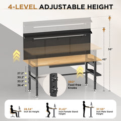 60″ Workbench with Drawers ,Solid Wood Top, 2000 lbs Capacity, Adjustable Height Garage Work Table with Power Outlet, LED Light, Wheels or Leveling Feet
