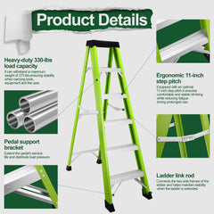 Fiberglass ladder, with a load capacity of 330 pounds, equipped with a tool tray, 7 steps, green