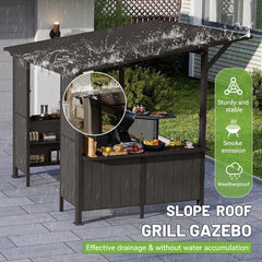 9X10FT Hardtop Grill Gazebo, Lean to Outdoor BBQ Gazebo with Storage Shelves and Expansion Platform, Galvanized Steel Permanent Hard top Grill Canopy for Patio Backyard Lawn Garden -Brown