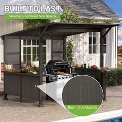 9X10FT Hardtop Grill Gazebo, Lean to Outdoor BBQ Gazebo with Storage Shelves and Expansion Platform, Galvanized Steel Permanent Hard top Grill Canopy for Patio Backyard Lawn Garden -Brown