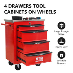 4 Drawers Multifunctional Tool Cart with Wheels,Metal Rolling Tool Cart Storage for Garage Workshop Warehouse Repair Shop--With Stainless Steel Roof- Red&Black