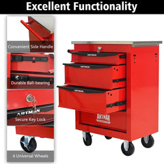 4 Drawers Multifunctional Tool Cart with Wheels,Metal Rolling Tool Cart Storage for Garage Workshop Warehouse Repair Shop--With Stainless Steel Roof- Red&Black