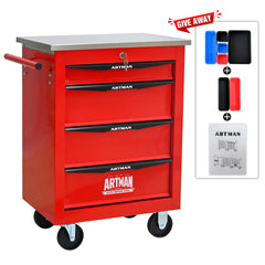 4 Drawers Multifunctional Tool Cart with Wheels,Metal Rolling Tool Cart Storage for Garage Workshop Warehouse Repair Shop--With Stainless Steel Roof- Red&Black