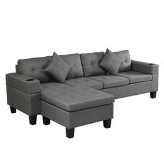 Sectional Sofa Set for Living Room with L Shape Chaise Lounge,cup holder and Left or Right Hand Chaise Modern 4 Seat (FAUX LINEN GREY)