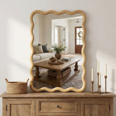 Oak Color 20"x30" Wavy Rectangle Solid Wood Frame Decorative Mirror,For Bedroom, Bathroom, Living Room, Entryway