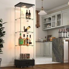 Modern Glass Display Cabinet with Drawer , Quick-assembly Antique Cabinet with LED lights, Tempered Glass Bookshelf, 1-Door Storage Case with 4 Shelves for Living Room and Bedroom, black