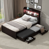 Twin XL Size Platform Bed with Storage LED Headboard, Charging Station, Twin Size Trundle and 2 Drawers, Dark Brown