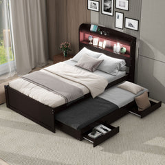 Twin XL Size Platform Bed with Storage LED Headboard, Charging Station, Twin Size Trundle and 2 Drawers, Dark Brown