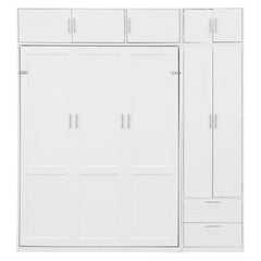 Queen Size Wall Murphy Bed with Top Cabinet,Shelves and Wardrobe, Space Saving Foldable Bed,White