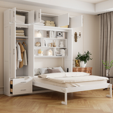 Queen Size Wall Murphy Bed with Top Cabinet,Shelves and Wardrobe, Space Saving Foldable Bed,White