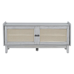 TREXM Boho Rattan Entryway Bench with Storage, Cushioned Shoe Bench with Double Doors, Wooden Shoe Organizer Bench for Entryway and Hallway (Gray Wash+Beige )