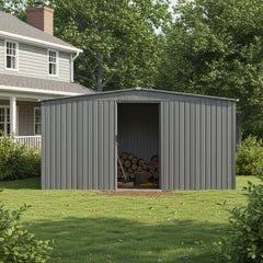 New Outdoor Storage Shed Has Two Functions: Metal Shed And Firewood Shed 13 ft×11 ft , More Suitable For Winter , Grey