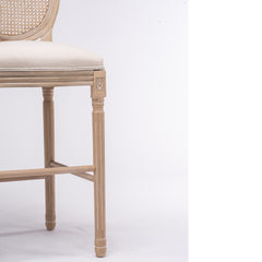 French Country Wooden Barstools Rattan Back With Upholstered Seating , Beige and Natural ,Set of 2