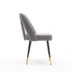 A&A Furniture,Akoya Collection Modern | Contemporary Velvet Upholstered Dining Chair with Nailheads and Gold Tipped Black Metal Legs, Gray,Set of 2