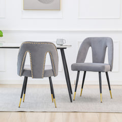 A&A Furniture,Akoya Collection Modern | Contemporary Velvet Upholstered Dining Chair with Nailheads and Gold Tipped Black Metal Legs, Gray,Set of 2