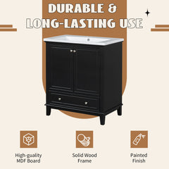30" Bathroom Vanity without Sink, Base Only, Multi-functional Bathroom Cabinet with Doors and Drawer, Solid Frame and MDF Board, Black