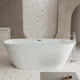 59'' acrylic freestanding bathtub with unique diamond pattern design: spacious oval shape, Gloss white finish, Chrome overflow and pop-up drain CUPC Certificate