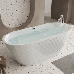 59'' acrylic freestanding bathtub with unique diamond pattern design: spacious oval shape, Gloss white finish, Chrome overflow and pop-up drain CUPC Certificate