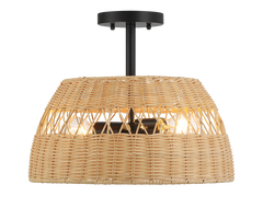 Twinkle Double Lights Semi Flush with Rattan Shade Black Metal Finish for Farmhouse Style Decor 12.6"H x 15"W x 15"D