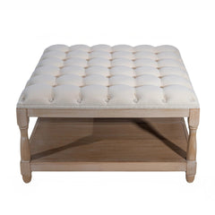 33-inch Large Square Ottoman Coffee Tables for Living Room, Tufted Upholstered Linen Ottoman with Storage Shelf and Solid Legs for Office Bedroom Farmhouse (Beige)