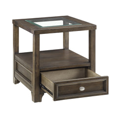 Modern Brown Finish End Table with Drawer Shelf Wooden Living Room Furniture 1pc Side Table Glass inset top