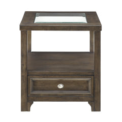 Modern Brown Finish End Table with Drawer Shelf Wooden Living Room Furniture 1pc Side Table Glass inset top