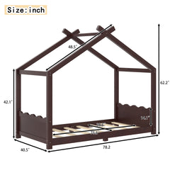 Twin House Floor Bed with Support Slats, Solid Wood House Bed Frame for Kids, No Box Spring Needed and Opening Constructure, Espresso