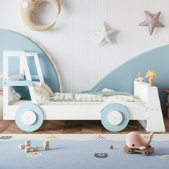 Twin Size Car Bed with Storage Shelves, Kids Platform Bed with Cute Car-shape, Childlike Design, Blue & White