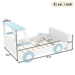 Twin Size Car Bed with Storage Shelves, Kids Platform Bed with Cute Car-shape, Childlike Design, Blue & White