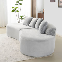 Modern and simple curved flannelette sofa. Creative multi-seater in light gray for the living room, with a combination of pillows.