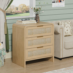 Rattan 3 Drawers Nightstand set of 2, 22.8" Wide Curved Wooden Bedside Table, Modern Storage for Bedroom, Natural Oak.