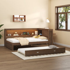 Full Size Wood Daybed with Storage Shelves, USB, LED, and Trundle, Antique Wood Color