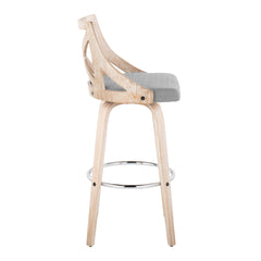 Charlotte 30" Farmhouse Fixed-Height Barstool with Swivel in White Washed Wood and Light Grey Fabric with Round Chrome Metal Footrest by LumiSource - Set of 2