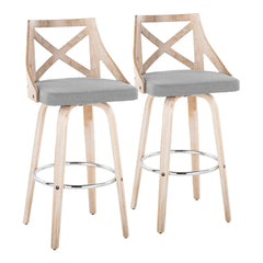 Charlotte 30" Farmhouse Fixed-Height Barstool with Swivel in White Washed Wood and Light Grey Fabric with Round Chrome Metal Footrest by LumiSource - Set of 2