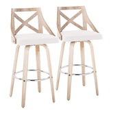 Charlotte 30" Farmhouse Fixed-Height Barstool with Swivel in White Washed Wood, Cream Fabric and Round Chrome Metal Footrest by LumiSource - Set of 2