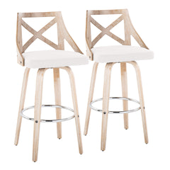 Charlotte 30" Farmhouse Fixed-Height Barstool with Swivel in White Washed Wood, Cream Fabric and Round Chrome Metal Footrest by LumiSource - Set of 2