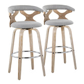 Gardenia 30" Contemporary Fixed-Height Barstool with Swivel in White Washed Wood and Grey Fabric with Round Chrome Metal Footrest by LumiSource - Set of 2
