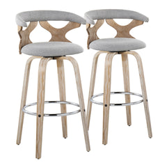 Gardenia 30" Contemporary Fixed-Height Barstool with Swivel in White Washed Wood and Grey Fabric with Round Chrome Metal Footrest by LumiSource - Set of 2