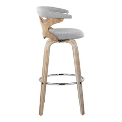 Gardenia 30" Contemporary Fixed-Height Barstool with Swivel in White Washed Wood and Grey Fabric with Round Chrome Metal Footrest by LumiSource - Set of 2