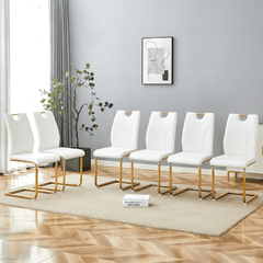White PU Dining Chair Set.Uniquely designed white dining chairs. PU material, paired with gold metal chair legs. Suitable for offices, restaurants, kitchens, conference rooms, etc.(Set of 6)