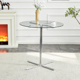 Round glass bar high table, 36 inch round bar table, tempered glass tabletop, sturdy silver chrome plated four column support, suitable for transparent round bar tables in small spaces, kitchens