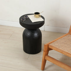 Solid Mango Wood Side End Table in Black, 12.4*17.7 inch Round Contemporary Wooden Accent Table, Small Round Plant Stand, Burnt vintage cracked end table for the Living Room and Bedroom