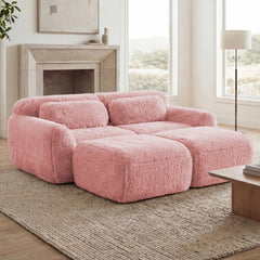 80''Soft Plush Fabric,Boneless Sofa,No Assembly Required,Bottom Anti-Slip Design With Chaise,With Ottoman And Throw Pillows,Deep Seat Design,32D High Density Sponge Free Combination For Study,Pink